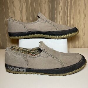 Sorel Slip On Mocs Men’s 12 Tan Black Canvas Rubber Loafer Shoes NM1954-003